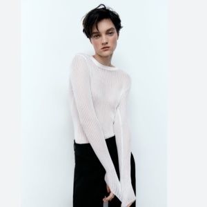 Zara White Sheer Ribbed Long Sleeve Top
